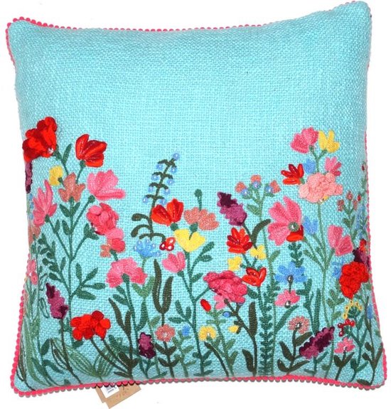 ONLY NATURAL kussen handgeweven bloemen 45x45cm